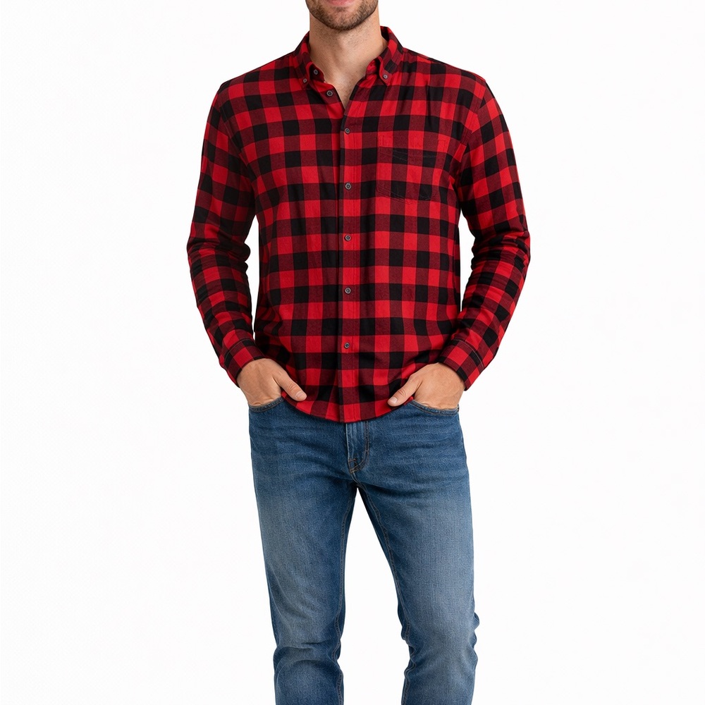 Denim & Flower Size Medium Red and Black Buffalo Plaid Flannel Shirt
